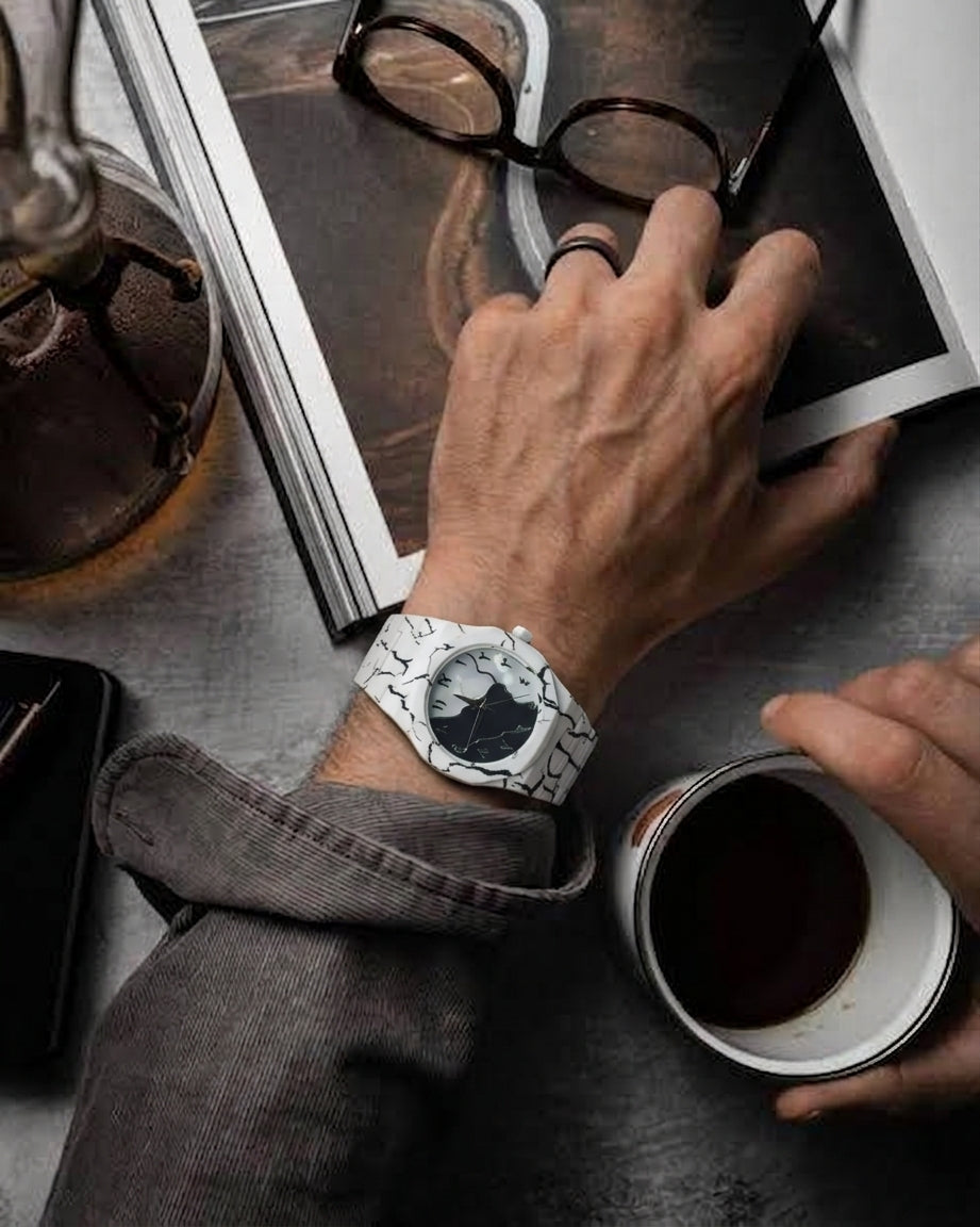 White Marble Arabic Dial Watch for Men & Women – Dual-Tone Quartz Wristwatch with Luxury Gift Box
