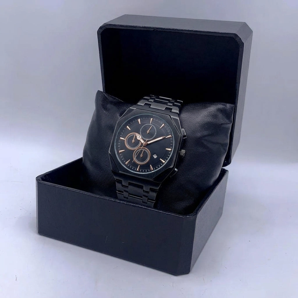 Men's Steel Chronograph Style Watch | Black Dial Metal Bracelet