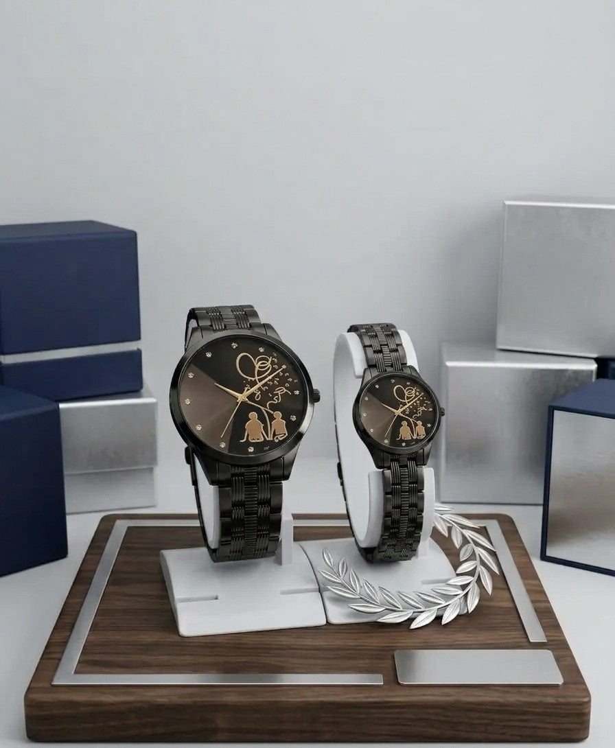 Matching Couple Watch Set | Black Steel Analogue Quartz Watches.