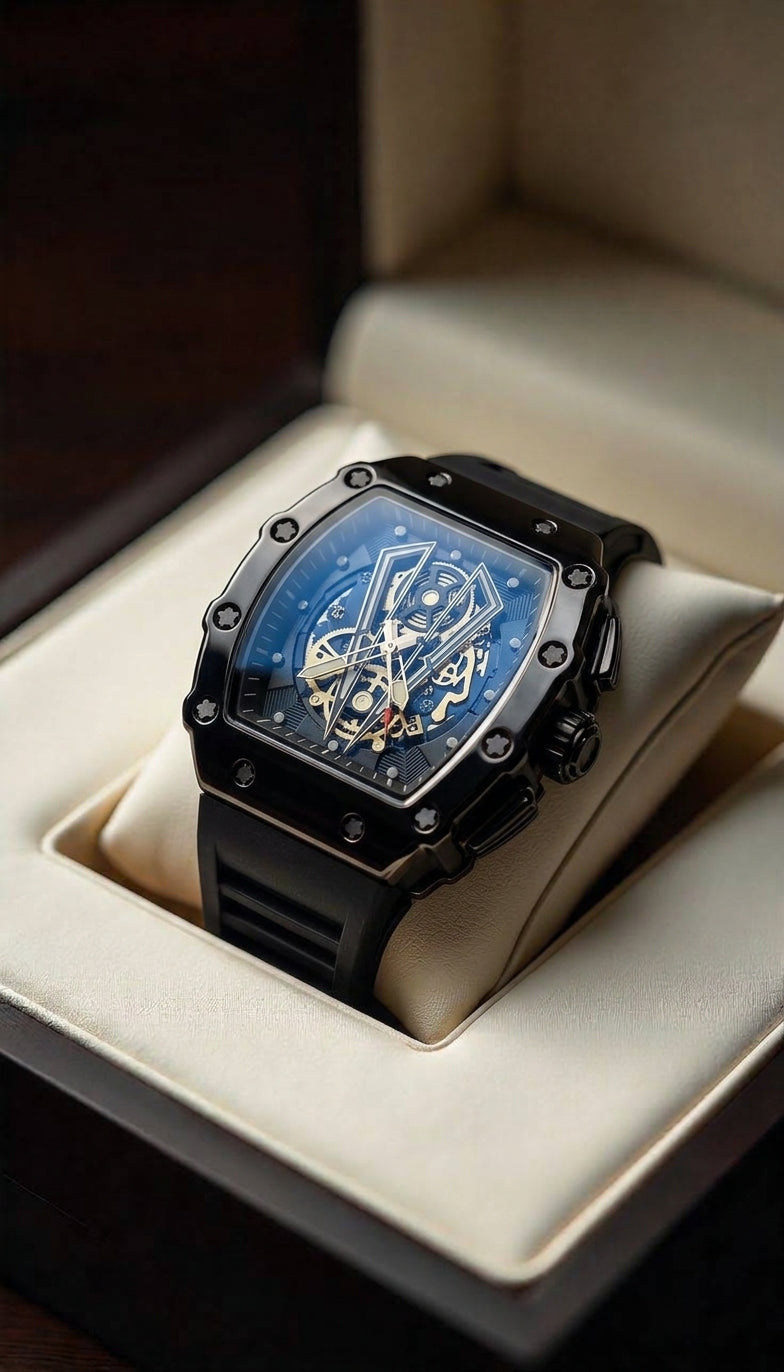 Men's Black Skeleton Tonneau Watch | Sport Luxury Style