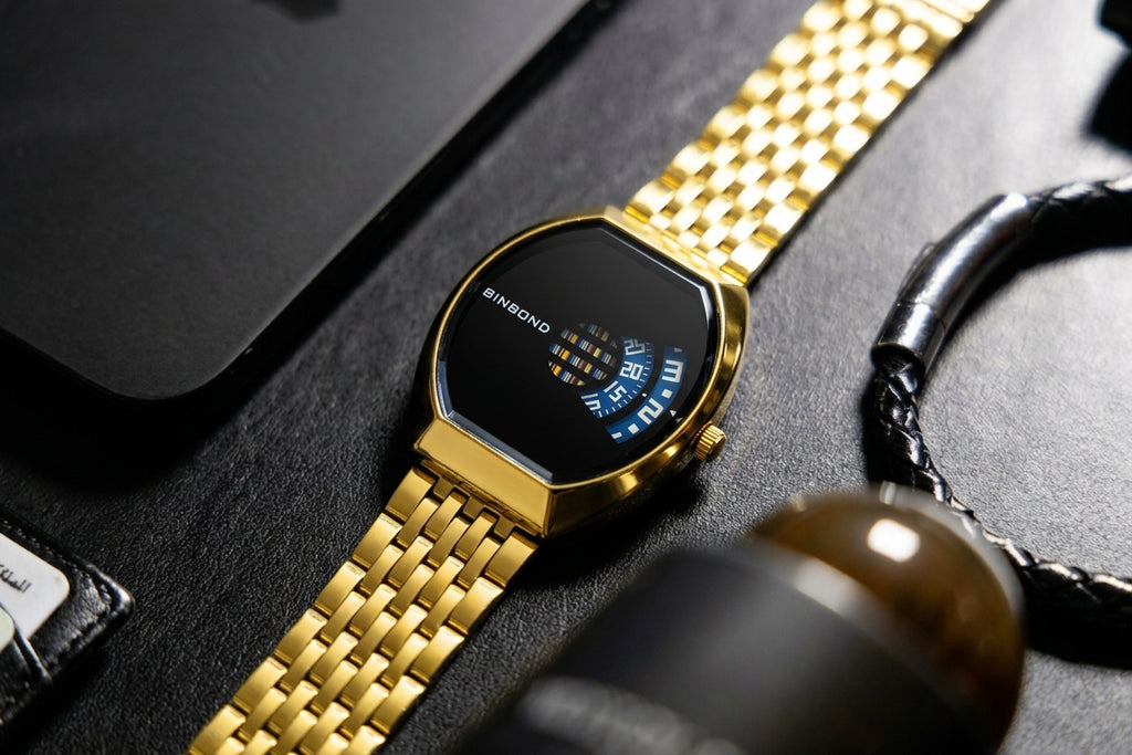 BINBOND Men's Luxury Gold Watch – Futuristic Rotating Disc Dial Stainless Steel Quartz Wristwatch