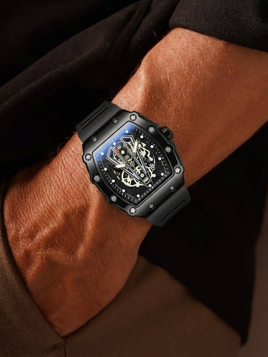 Men's Black Skeleton Tonneau Watch | Sport Luxury Style
