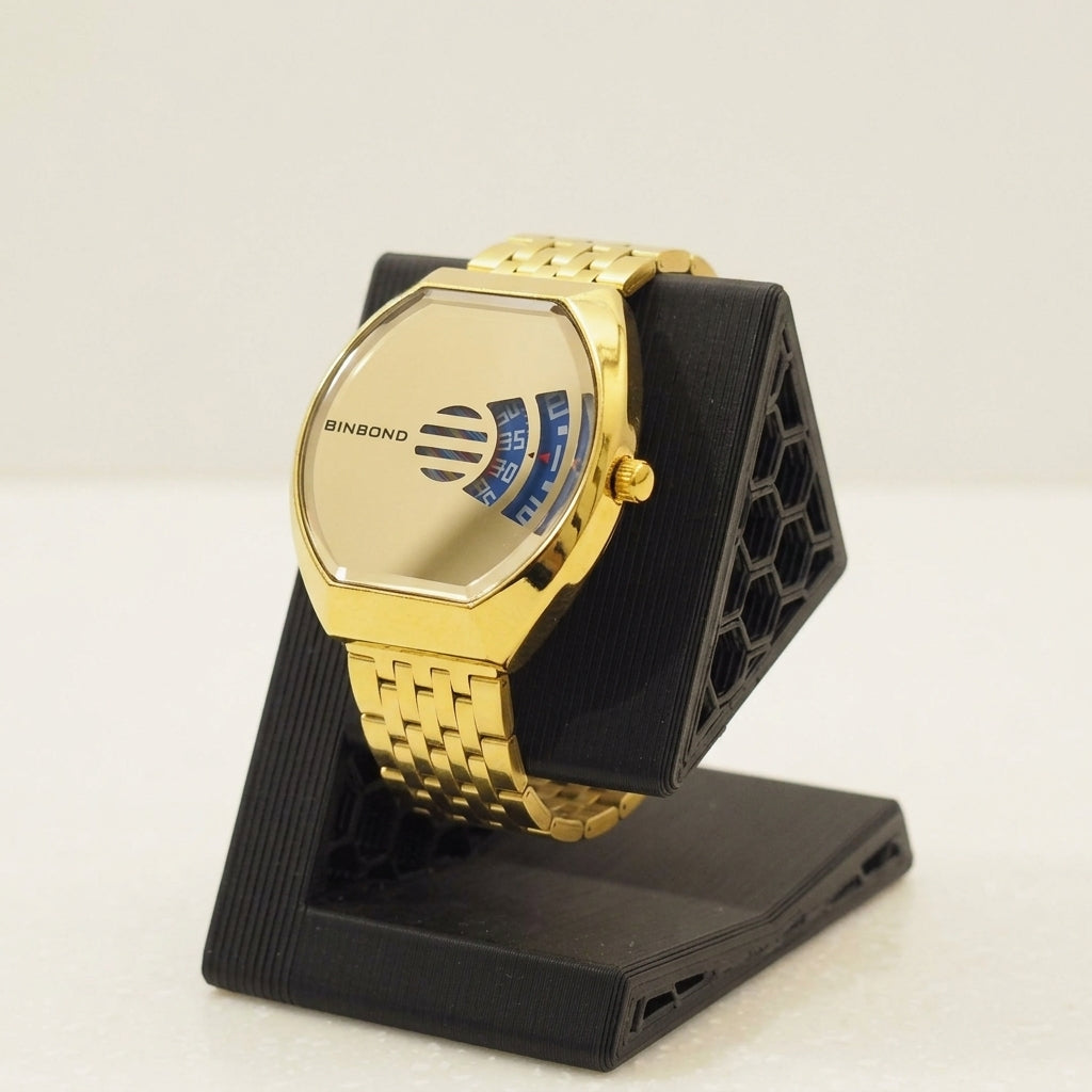 BINBOND Men's Luxury Gold Watch – Futuristic Rotating Disc Dial Stainless Steel Quartz Wristwatch