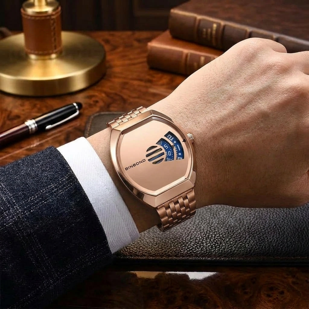 BINBOND Men's Luxury Gold Watch – Futuristic Rotating Disc Dial Stainless Steel Quartz Wristwatch