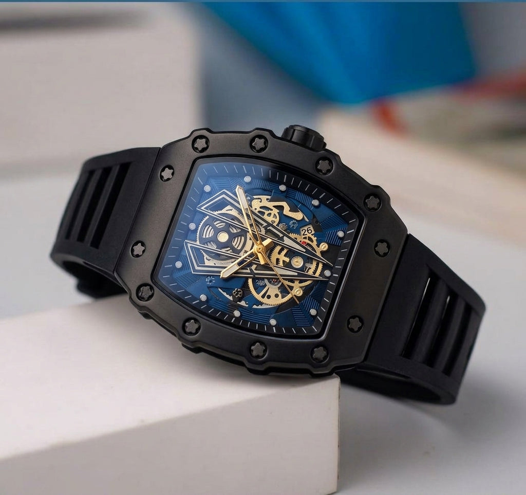 Men's Black Skeleton Tonneau Watch | Sport Luxury Style