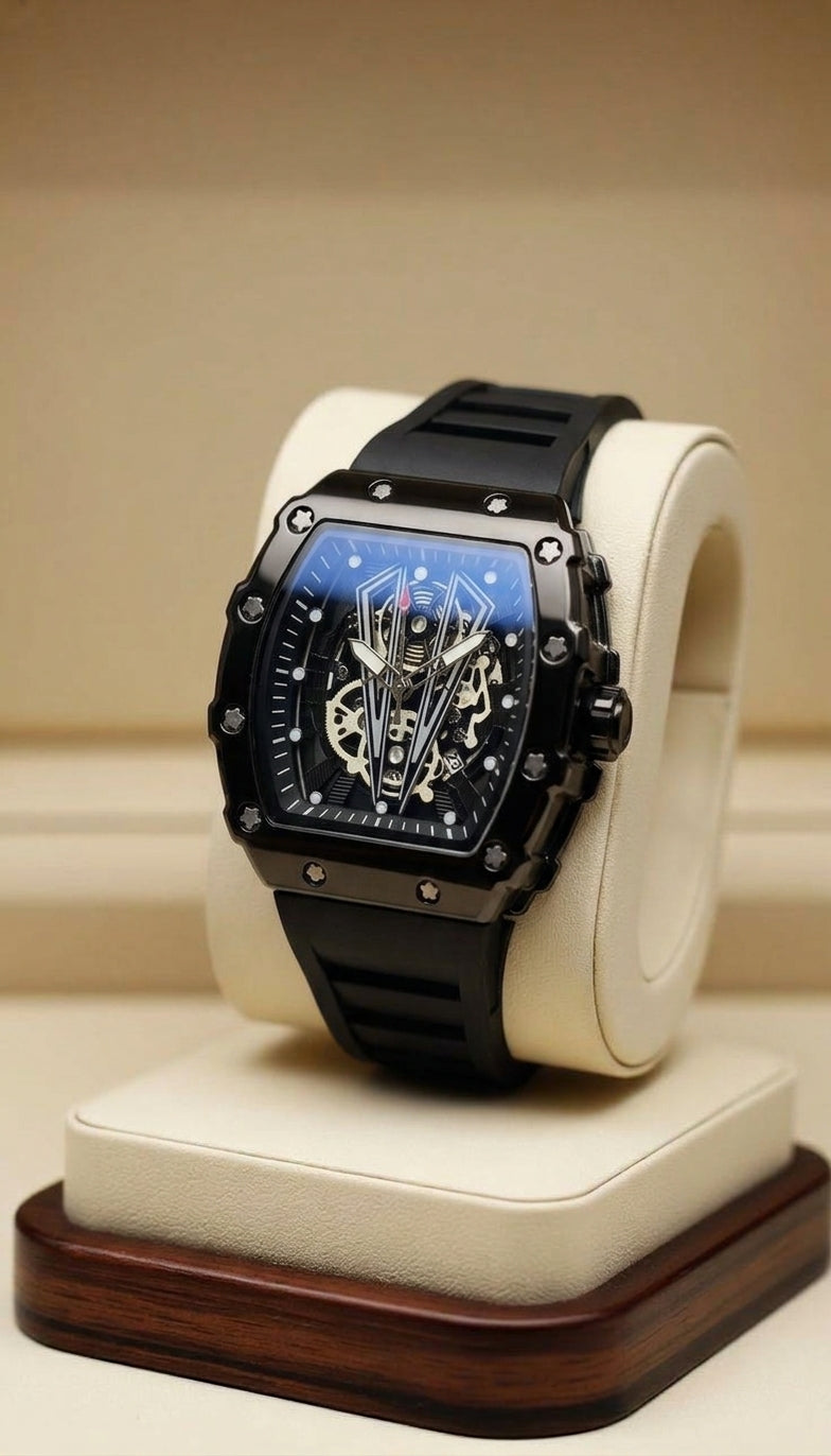 Men's Black Skeleton Tonneau Watch | Sport Luxury Style