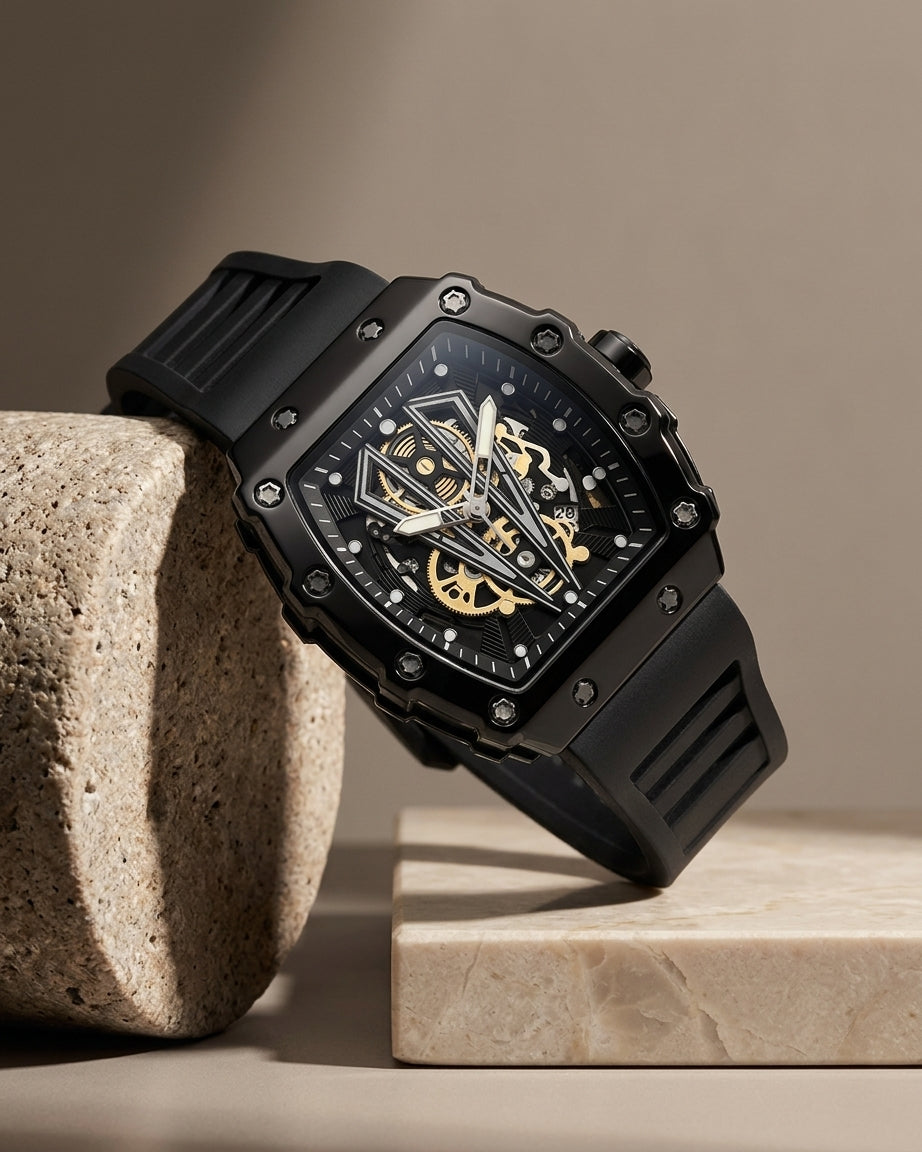 Men's Black Skeleton Tonneau Watch | Sport Luxury Style