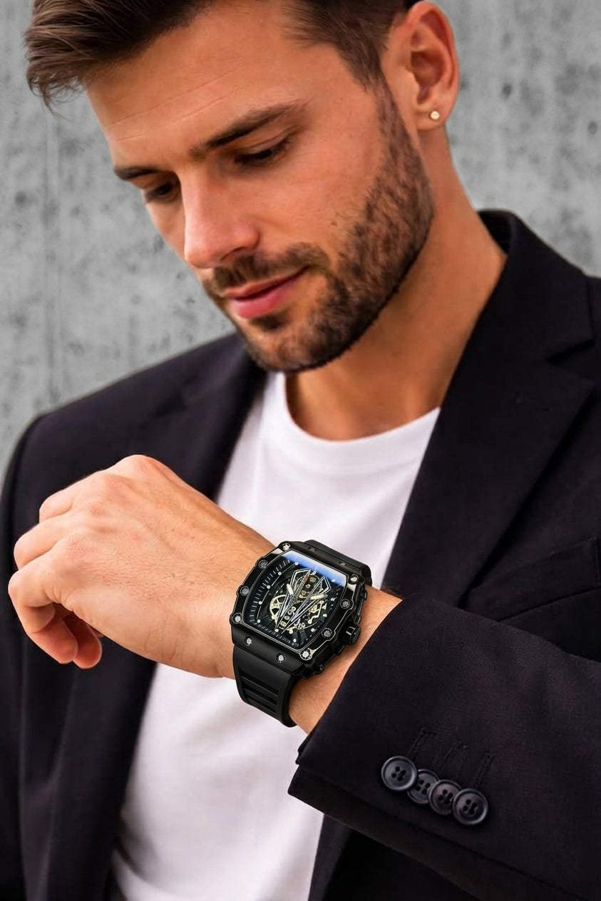 Men's Black Skeleton Tonneau Watch | Sport Luxury Style