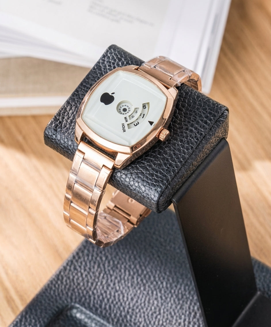 Unisex Rose Gold Cushion Square Watch – Unique Rotating Disc Wheel Dial with Stainless Steel Chain Bracelet