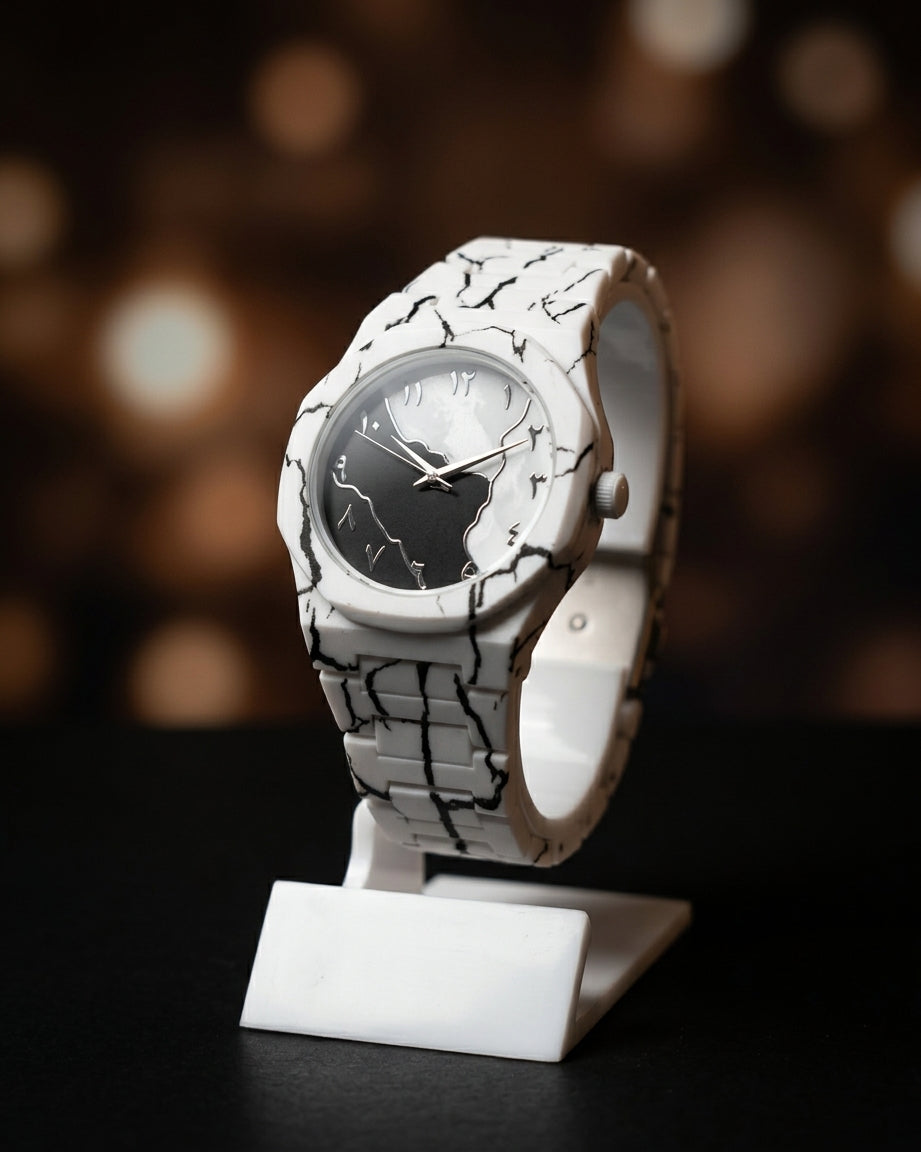White Marble Arabic Dial Watch for Men & Women – Dual-Tone Quartz Wristwatch with Luxury Gift Box