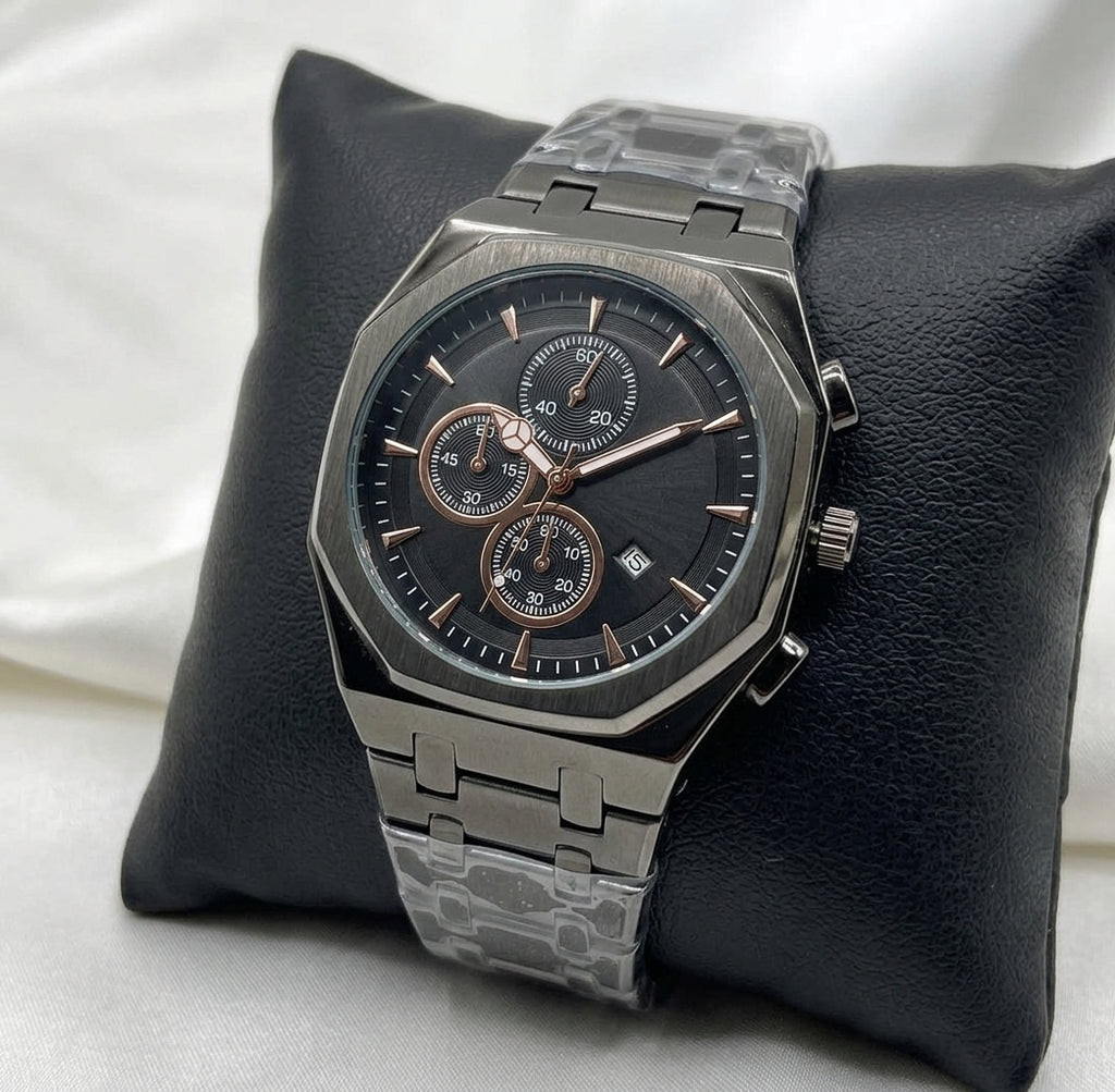 Men's Steel Chronograph Style Watch | Black Dial Metal Bracelet