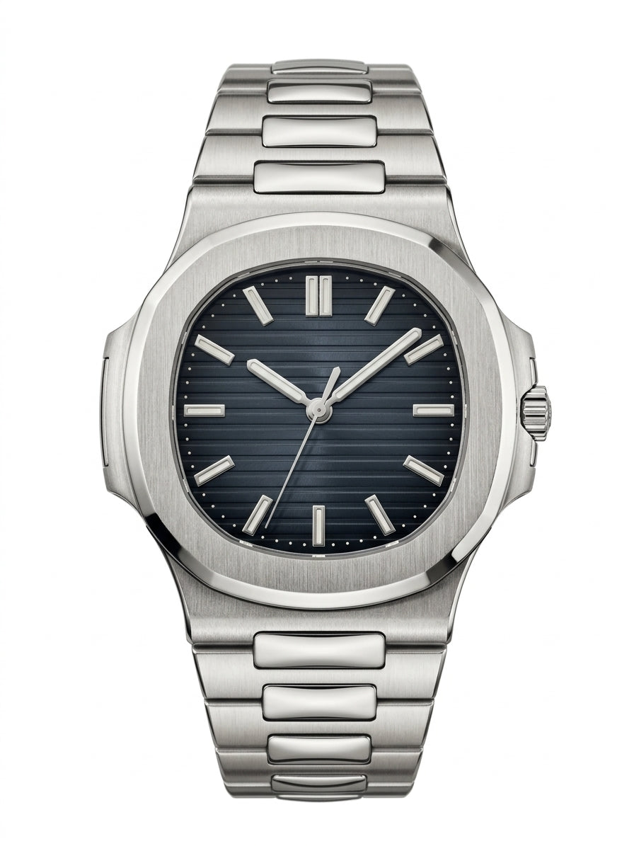 Premium Men's Stainless Steel Cushion Watch – Silver Chain Strap with Textured Black Dial | Quartz Analogue Wristwatch