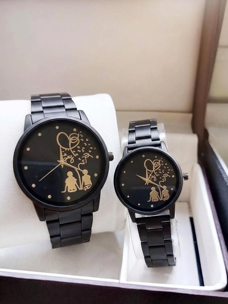 Matching Couple Watch Set | Black Steel Analogue Quartz Watches.