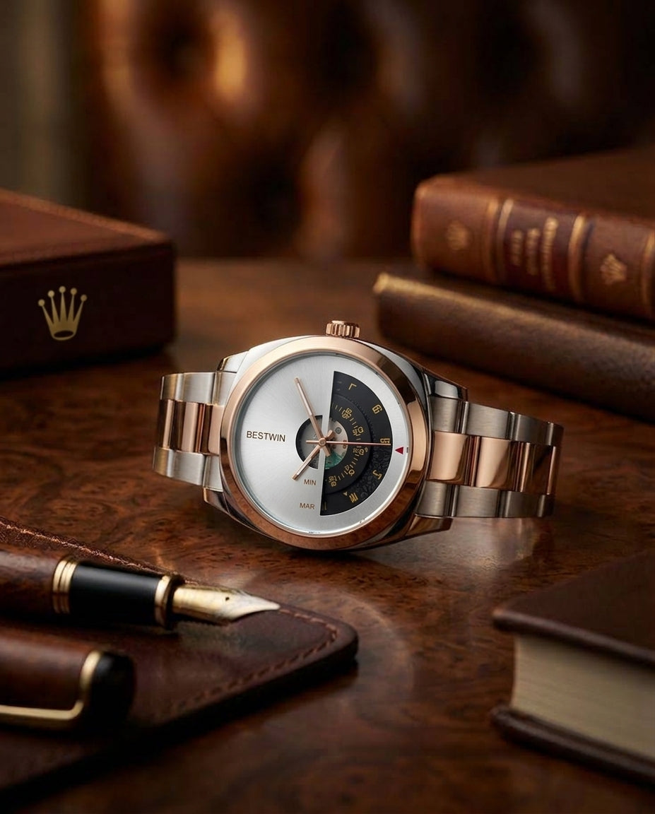 BESTWIN Men's Gold Stainless Steel Luxury Watch – Unique Turntable Dial Quartz Wristwatch
