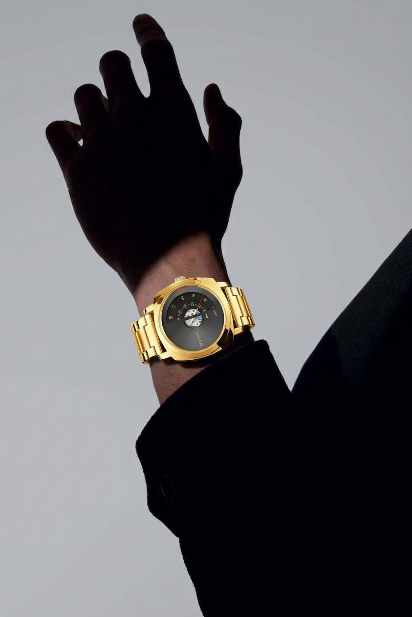 BESTWIN Men's Gold Stainless Steel Luxury Watch – Unique Turntable Dial Quartz Wristwatch