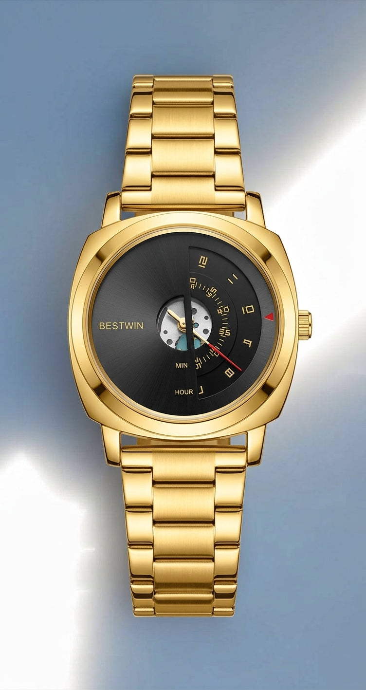 BESTWIN Men's Gold Stainless Steel Luxury Watch – Unique Turntable Dial Quartz Wristwatch