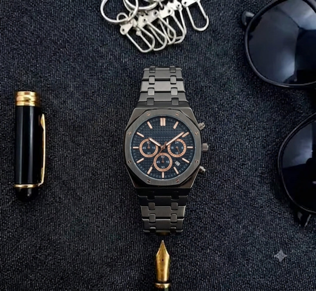 Men's Steel Chronograph Style Watch | Black Dial Metal Bracelet
