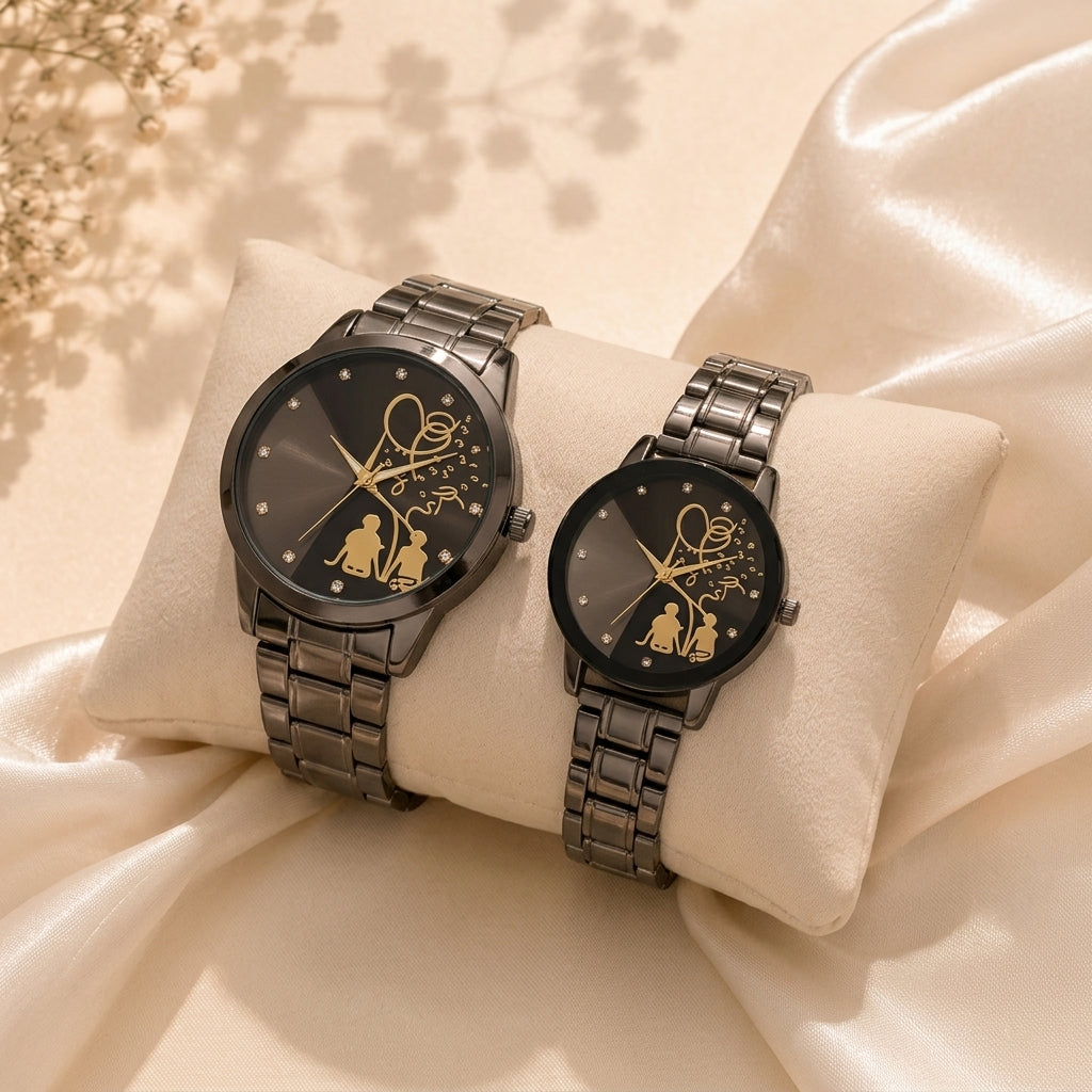 Matching Couple Watch Set | Black Steel Analogue Quartz Watches.