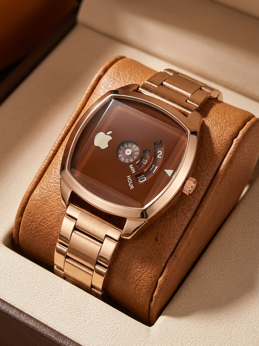 Unisex Rose Gold Cushion Square Watch – Unique Rotating Disc Wheel Dial with Stainless Steel Chain Bracelet