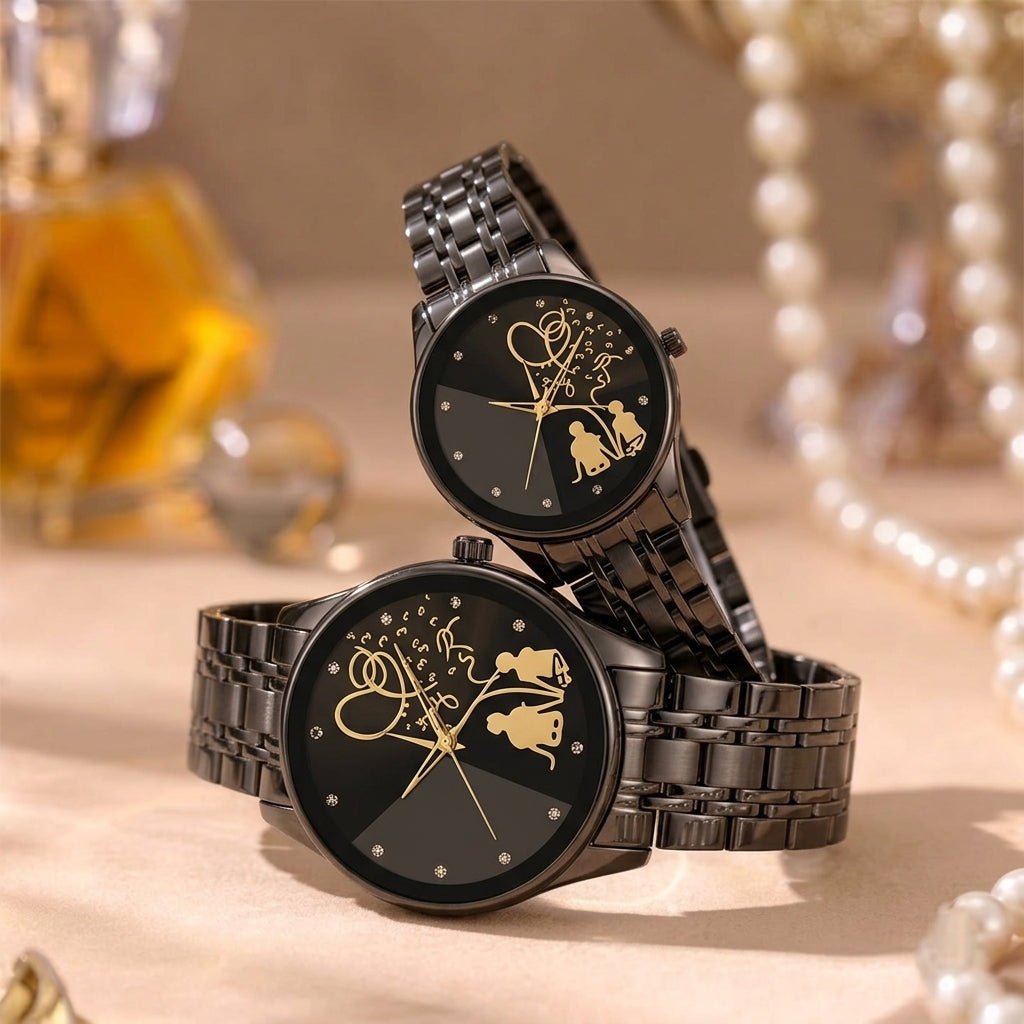 Matching Couple Watch Set | Black Steel Analogue Quartz Watches.