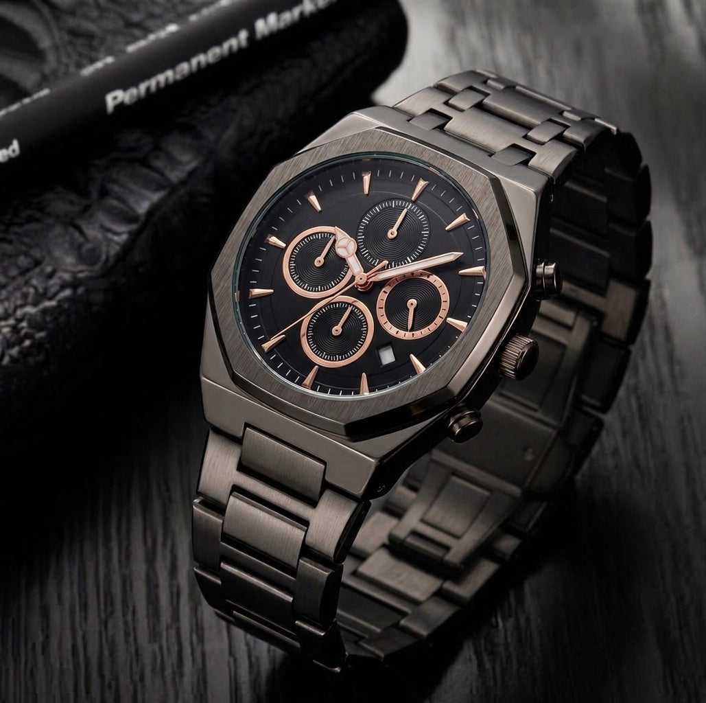 Men's Steel Chronograph Style Watch | Black Dial Metal Bracelet