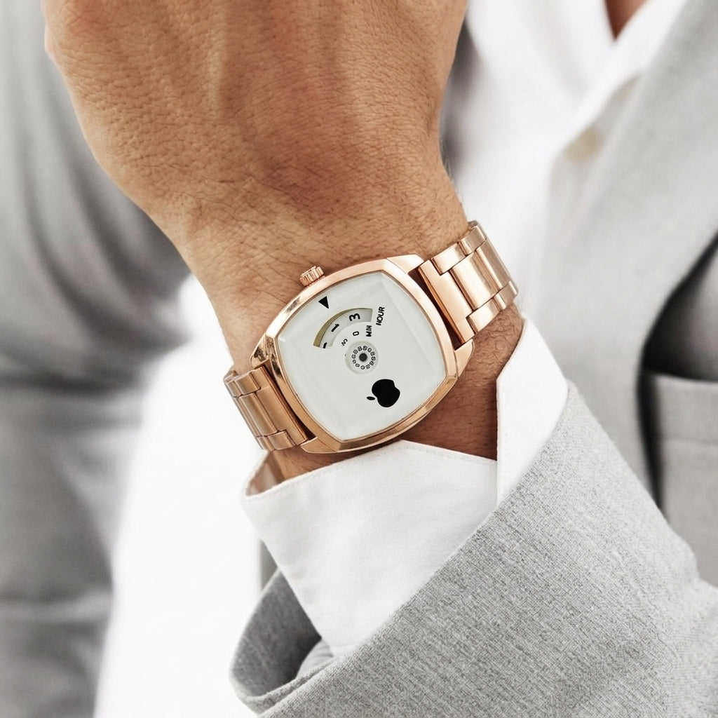 Unisex Rose Gold Cushion Square Watch – Unique Rotating Disc Wheel Dial with Stainless Steel Chain Bracelet