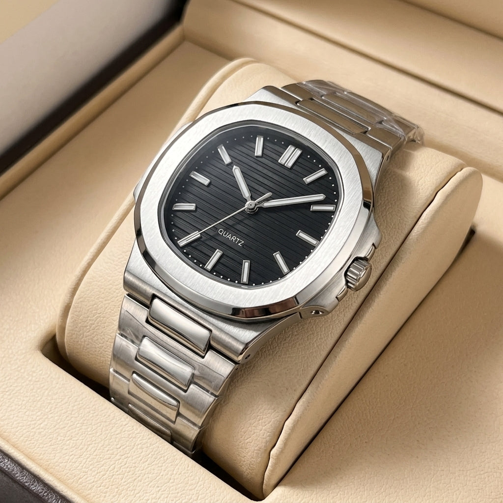 Premium Men's Stainless Steel Cushion Watch – Silver Chain Strap with Textured Black Dial | Quartz Analogue Wristwatch