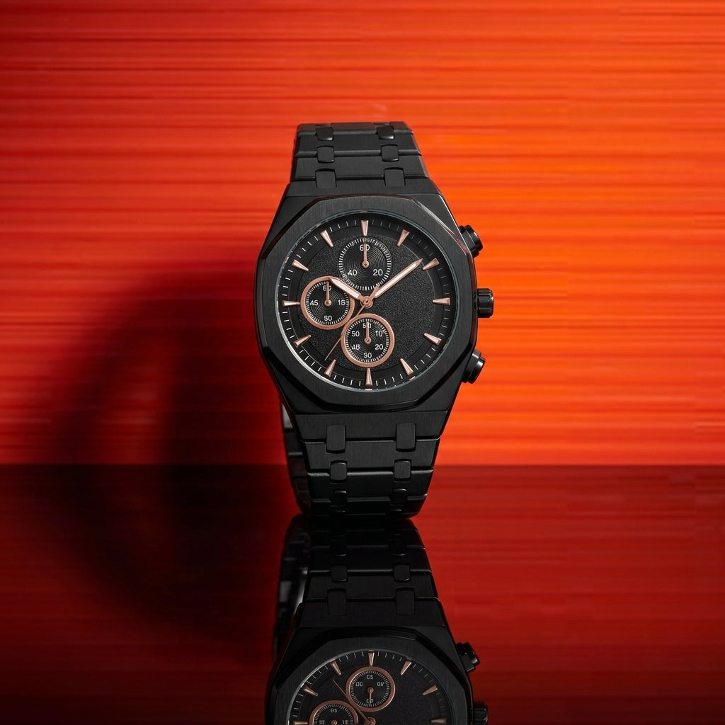 Men's Steel Chronograph Style Watch | Black Dial Metal Bracelet