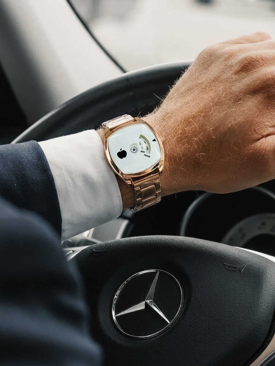 Unisex Rose Gold Cushion Square Watch – Unique Rotating Disc Wheel Dial with Stainless Steel Chain Bracelet