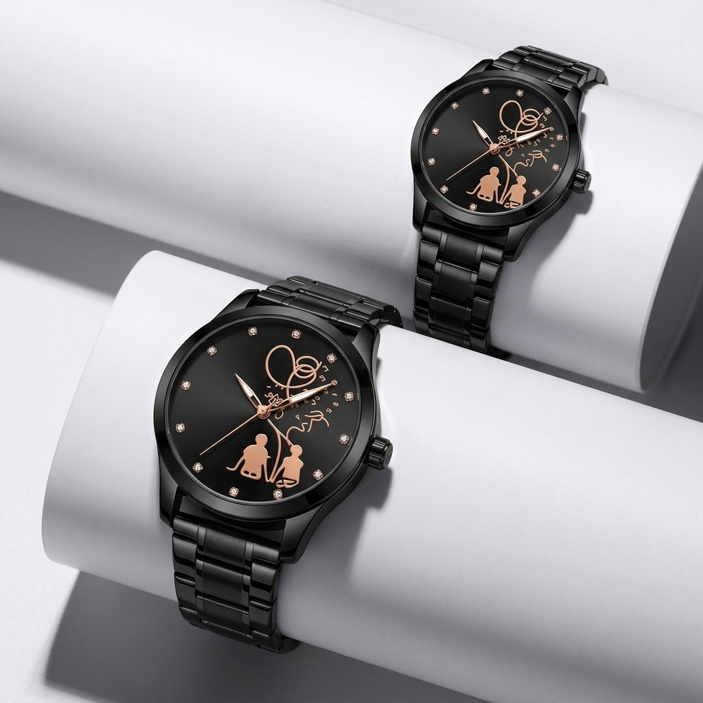Matching Couple Watch Set | Black Steel Analogue Quartz Watches.