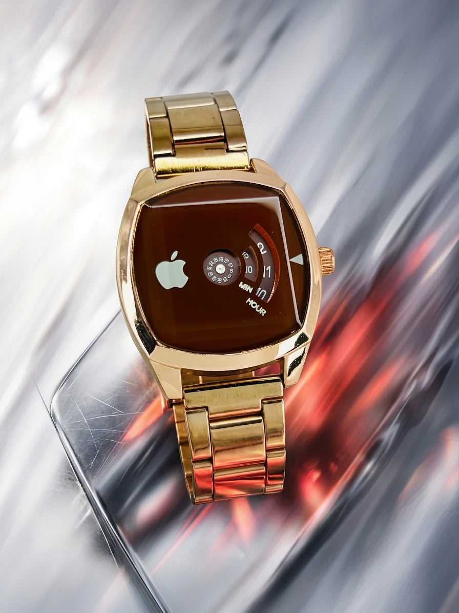 Unisex Rose Gold Cushion Square Watch – Unique Rotating Disc Wheel Dial with Stainless Steel Chain Bracelet