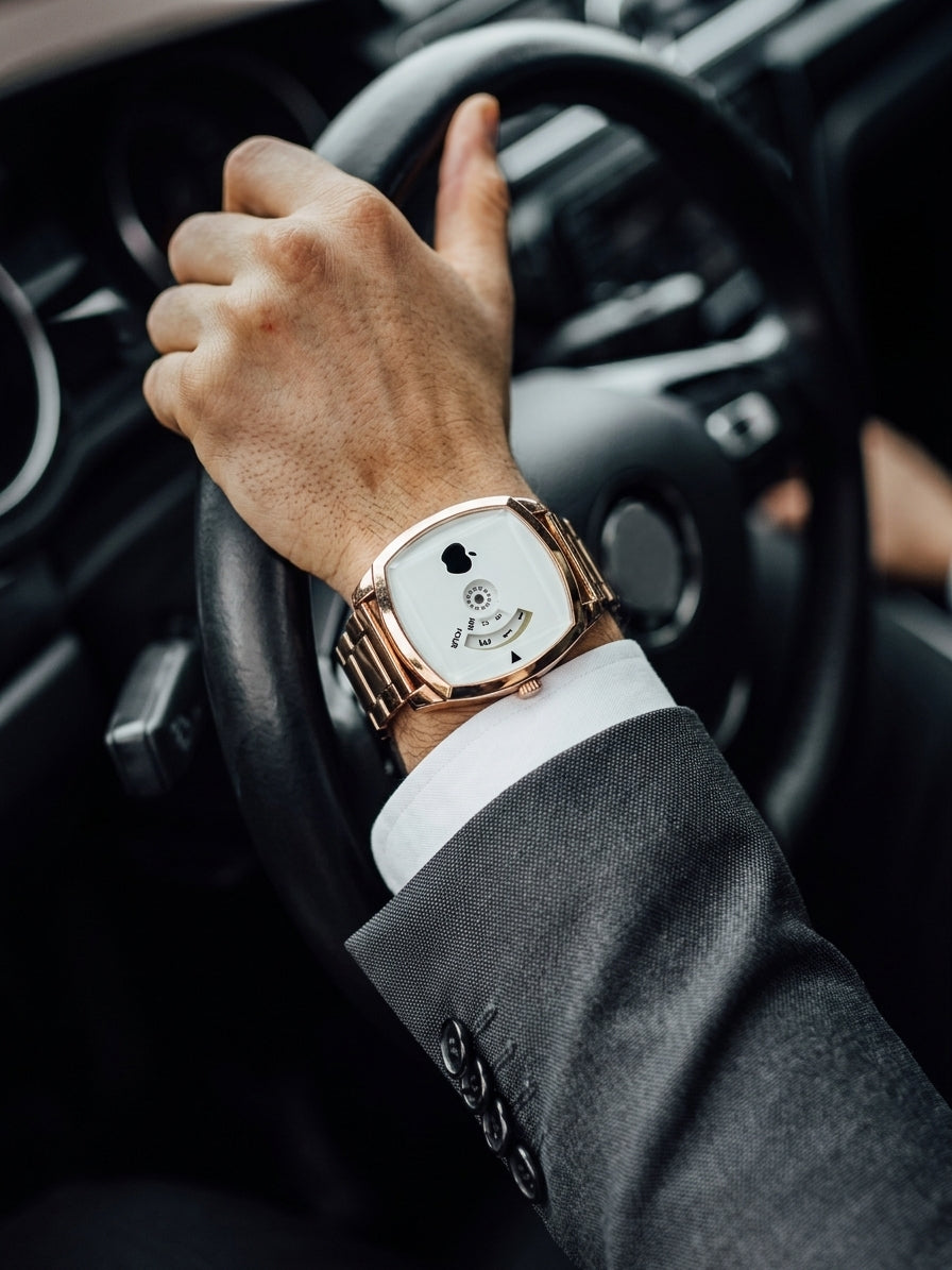 Unisex Rose Gold Cushion Square Watch – Unique Rotating Disc Wheel Dial with Stainless Steel Chain Bracelet