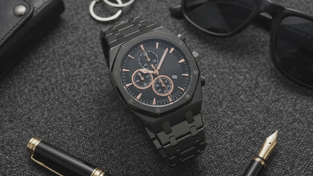 Men's Steel Chronograph Style Watch | Black Dial Metal Bracelet