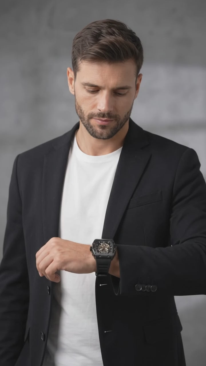 Men's Black Skeleton Tonneau Watch | Sport Luxury Style