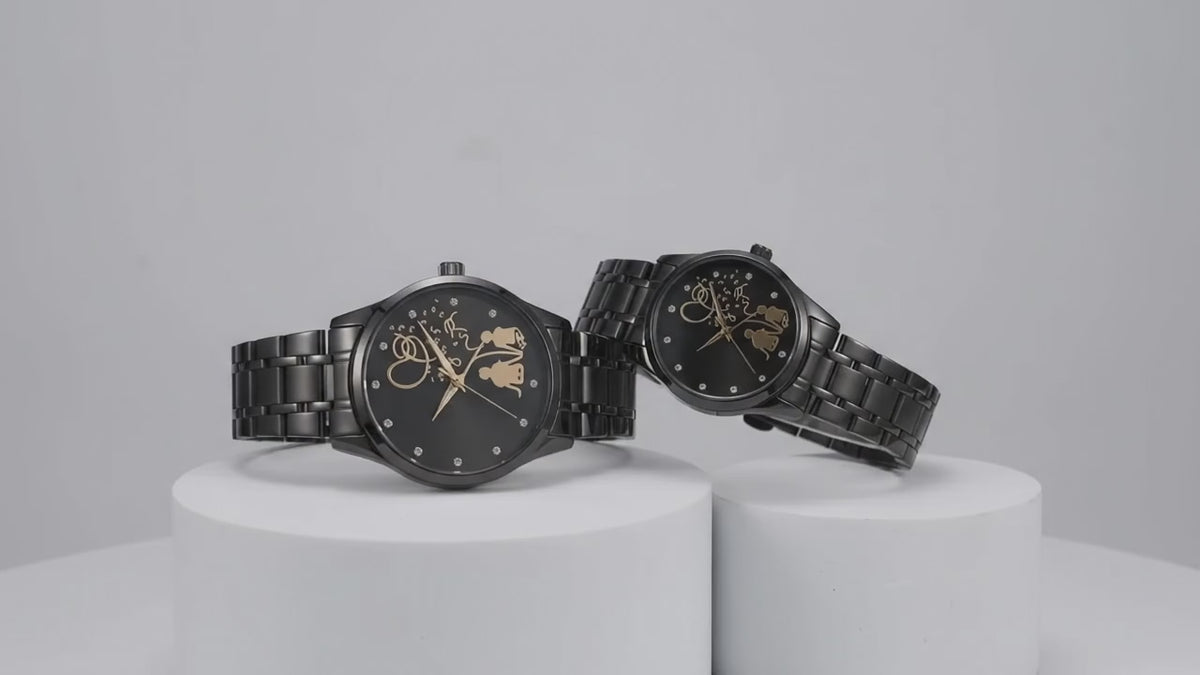 Matching Couple Watch Set | Black Steel Analogue Quartz Watches.